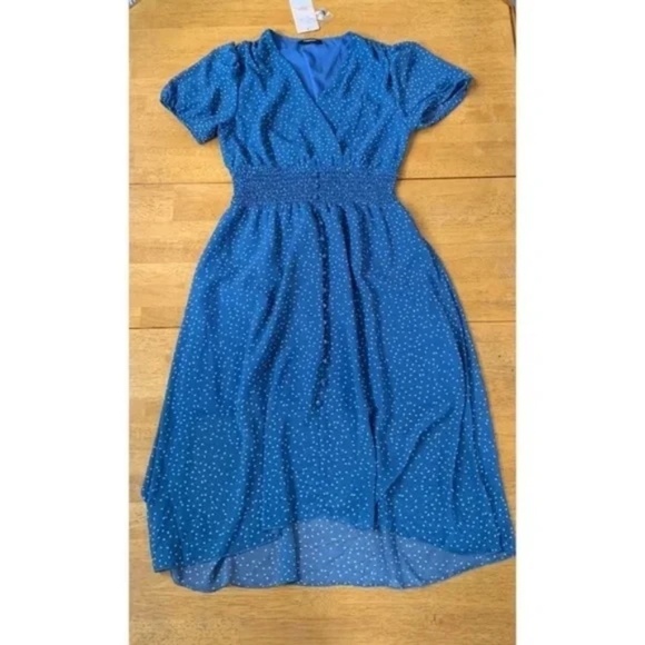 Fashion Blue V Neck Midi Sheer Lined Dress Elastic Waist Boho Chic, Size S - Picture 2 of 11